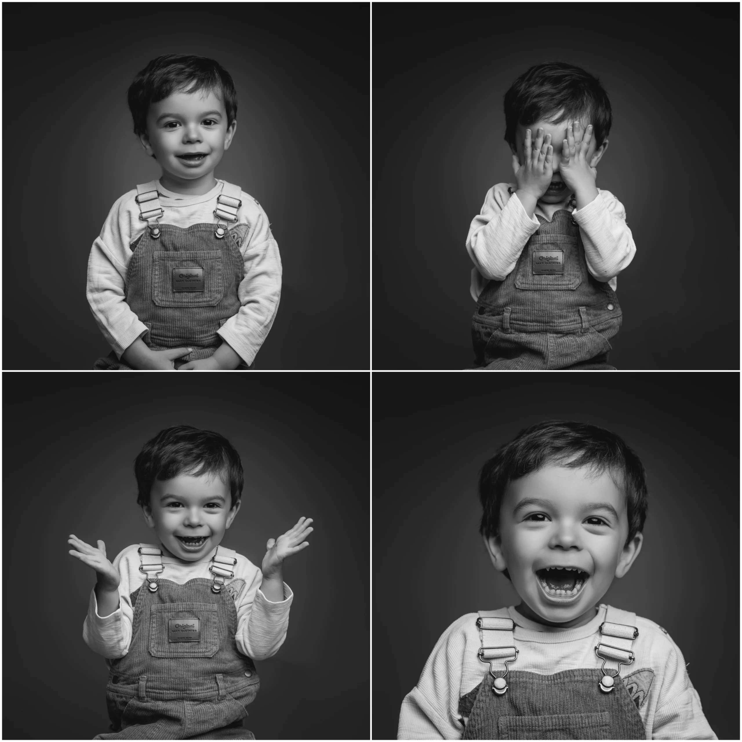 Séance photo studio enfant noir et blanc expressions salopette Aveline Objectif Caen