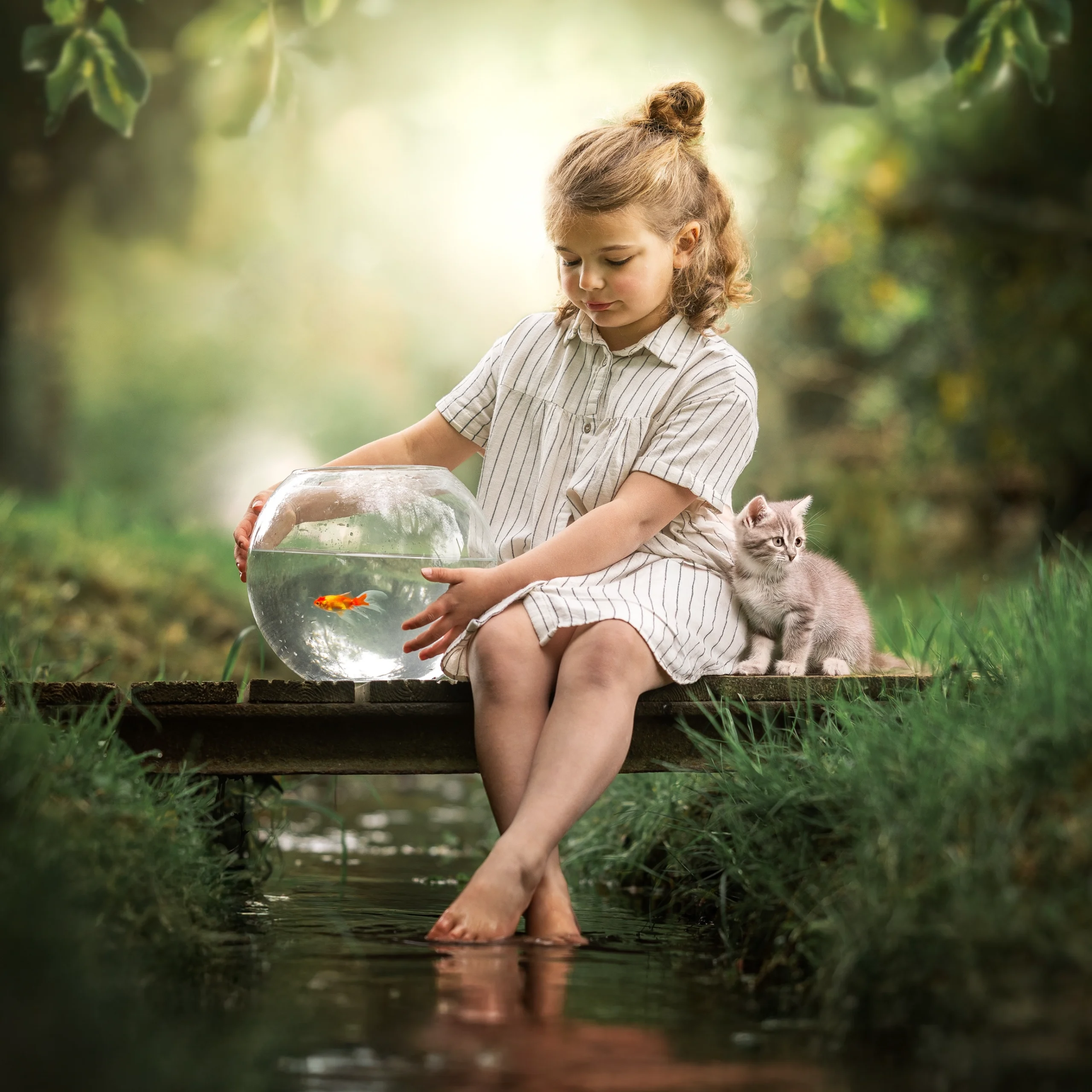 Photo créative enfant bocal poisson rouge chaton palette bois Aveline photographe Caen