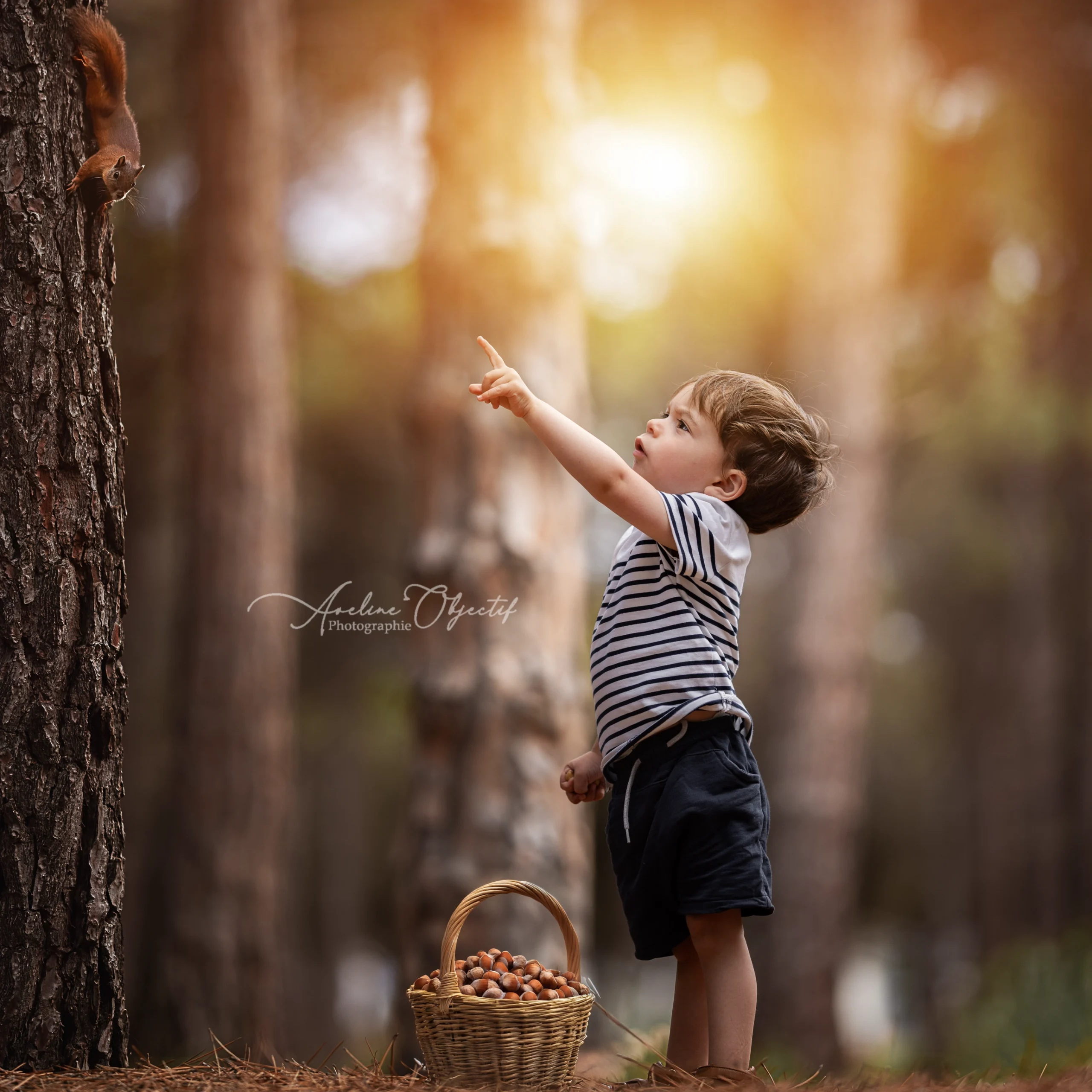 Photo artistique enfant forêt écureuil arbre séance nature photographe Caen